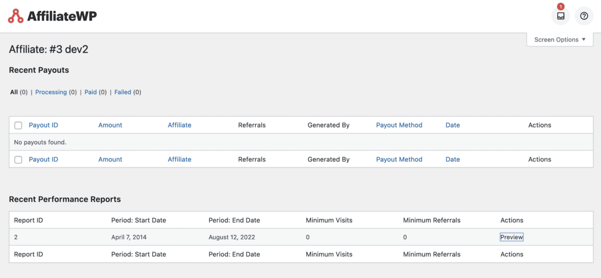 AffiliateWP - Performance Reports: Admin Affiliate View