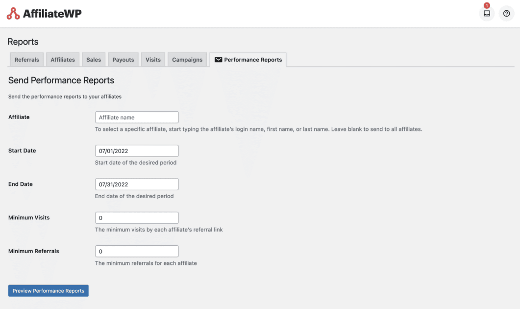 AffiliateWP - Performance Reports: Filter