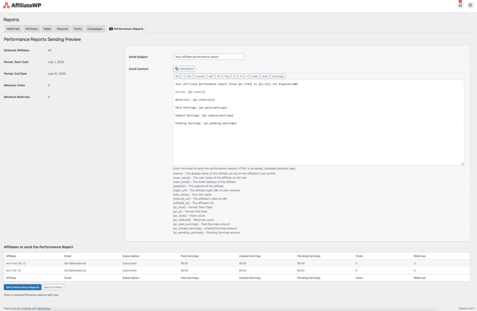 AffiliateWP - Performance Reports: Preview Email