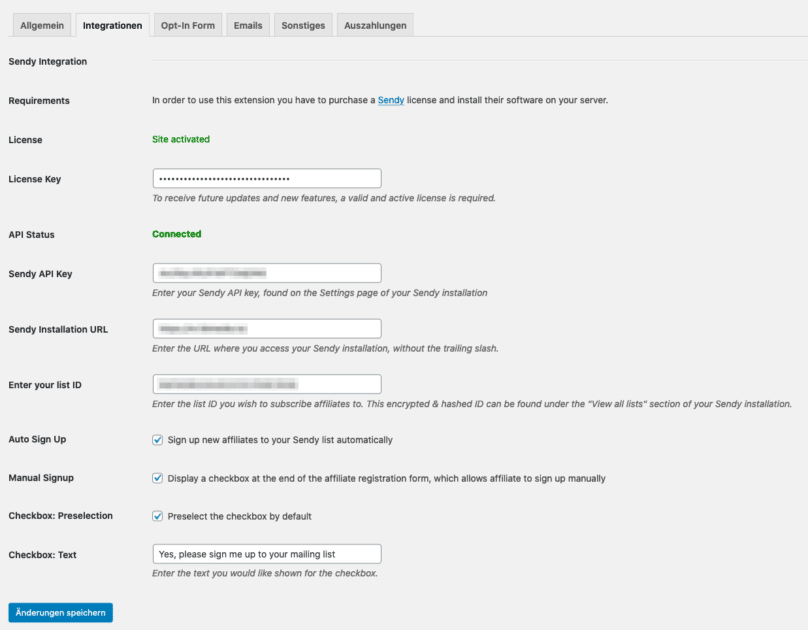 AffiliateWP Sendy - Plugin Settings