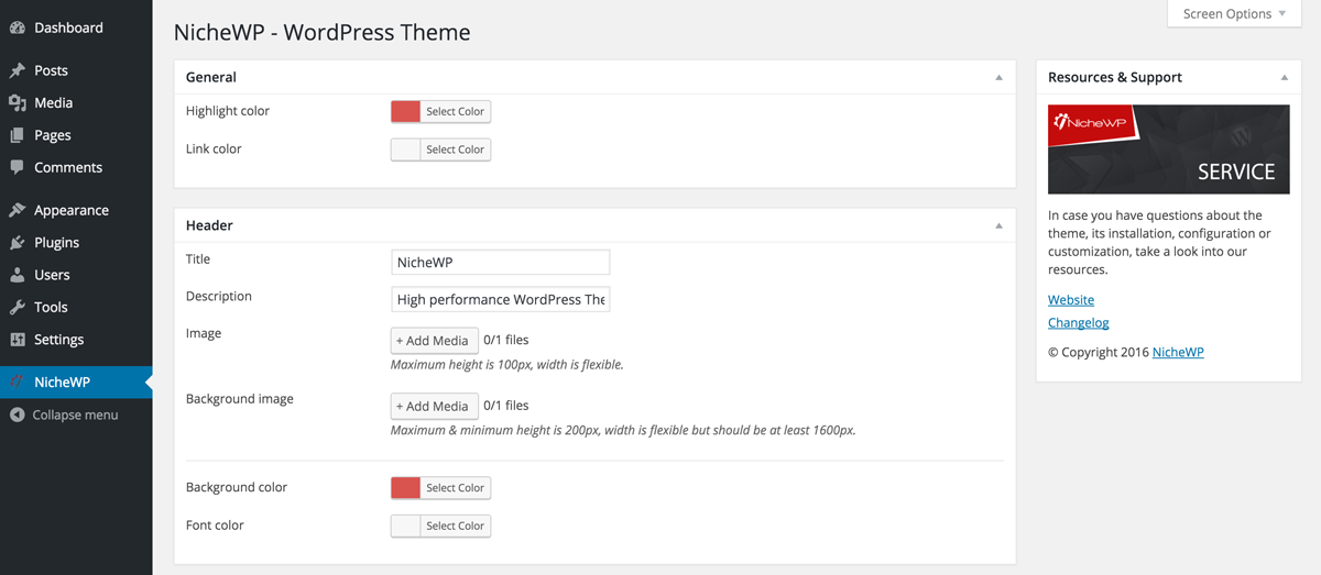 NicheWP WordPress Theme - Preview Settings